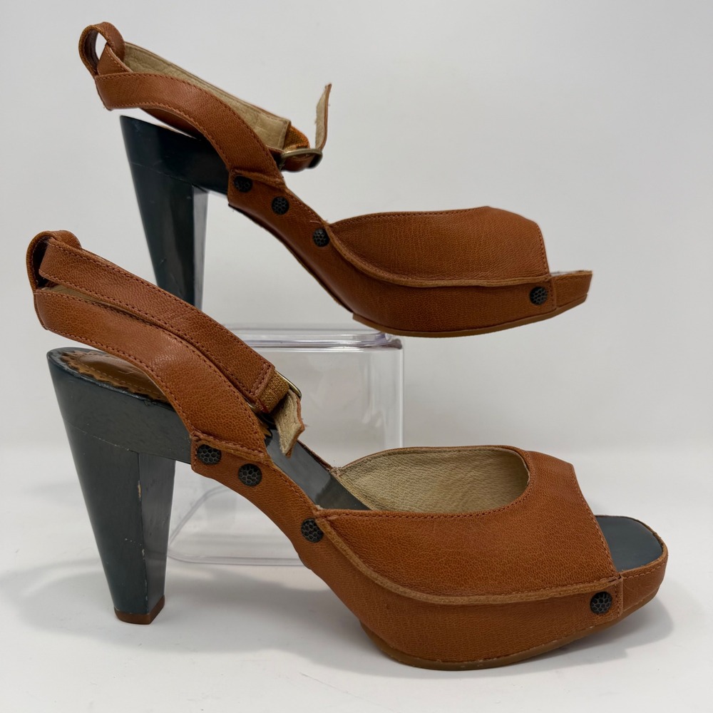 J Shoes Zest Tan Leather Platform Slingback Cone Heel Sandals Womens 9 A5001